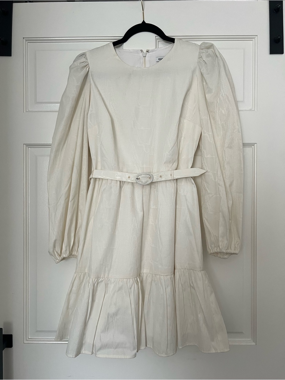 Express Cream Puff-Sleeve Belted Tiered Dress